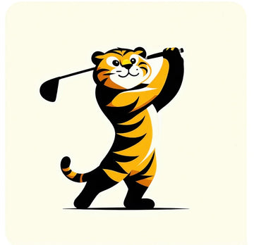 Cartoon tiger holding a golf club on a beige background