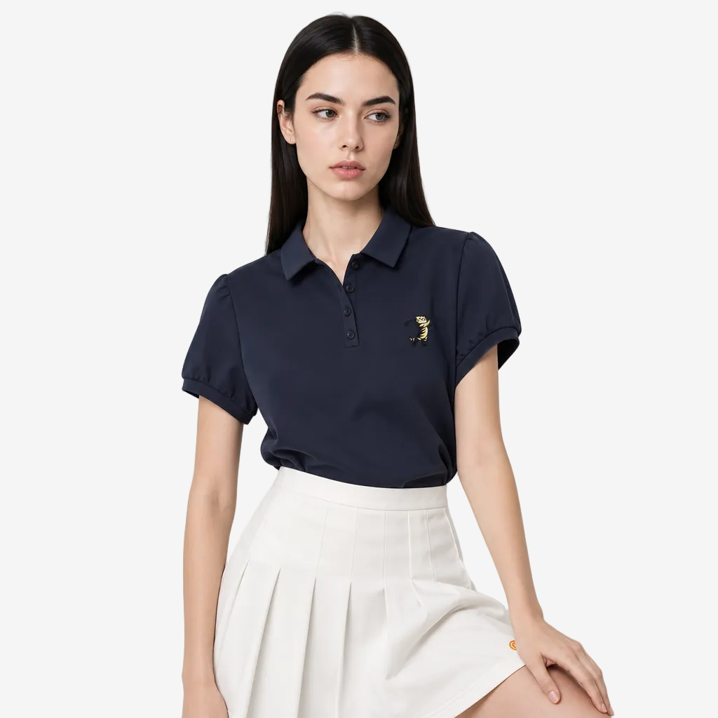 A woman modeling a short-sleeve navy polo shirt with a small gold embroidered rabbit logo on the chest, paired with a white pleated skirt, against a light gray studio background.