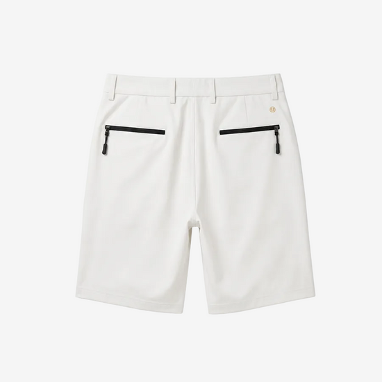 White golf shorts with two black zippered pockets on the back, shown from a flat-lay rear view on a white background.