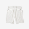 White golf shorts with two black zippered pockets on the back, shown from a flat-lay rear view on a white background.