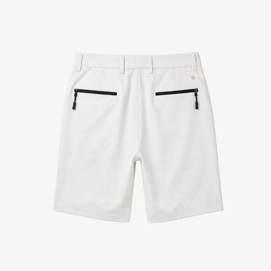 White golf shorts with two black zippered pockets on the back, shown from a flat-lay rear view on a white background.