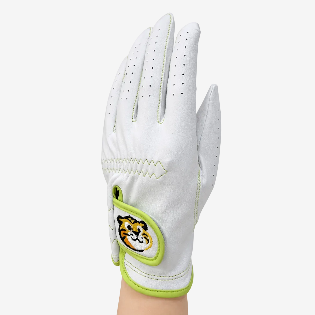 White golf glove with a tiger logo on a white background