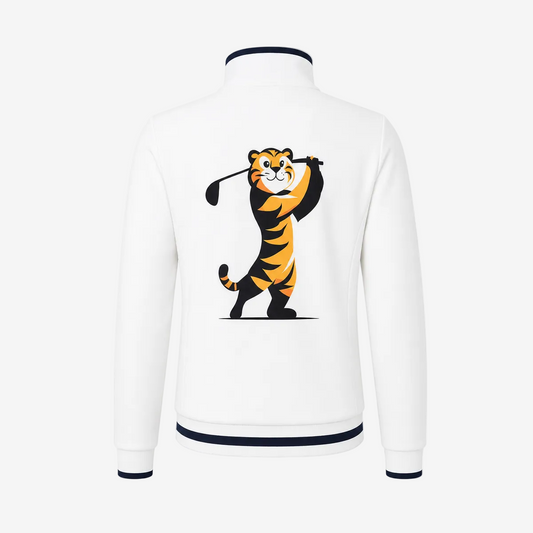 White long-sleeve quarter-zip jacket shown from the back, featuring a large cartoon tiger graphic in orange and black playing golf, with dark navy trim at the collar, hem, and cuffs.