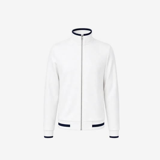 A white zip-up jacket with a mock neck, ribbed hem, and ribbed cuffs, accented with dark navy blue trim.