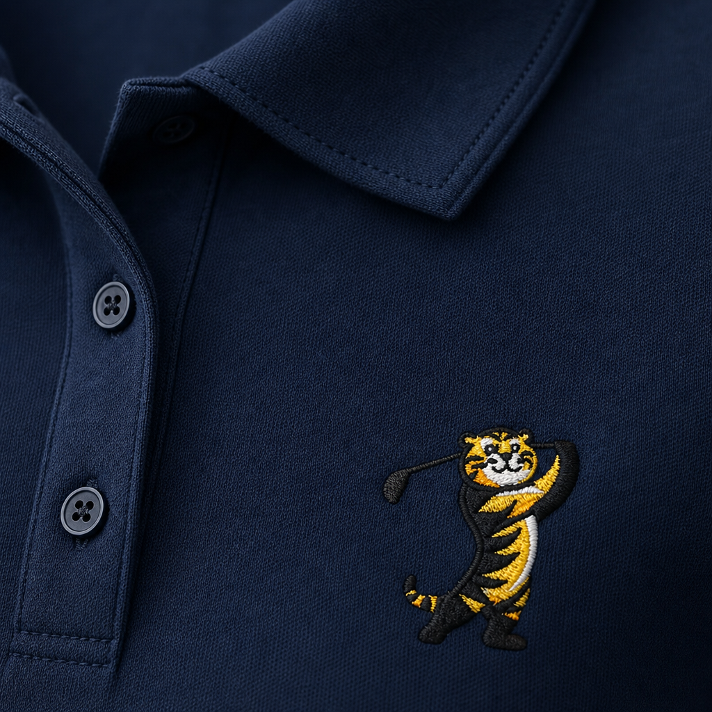Close-up of a navy blue polo shirt featuring a small embroidered tiger mascot on the left chest, with the collar and button placket visible.