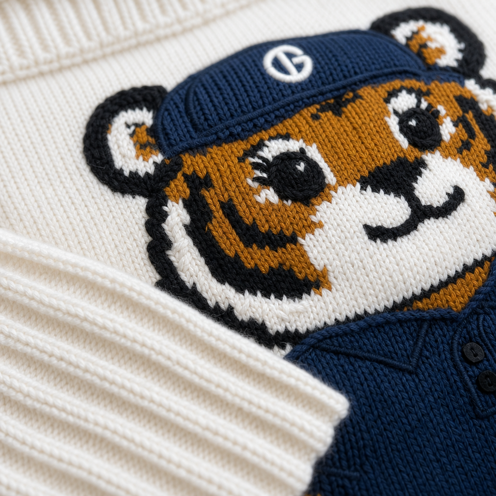 Close-up of a knitted sweater featuring a tiger face wearing a navy blue cap with a white interlocking GG logo, on a cream ribbed knit background.