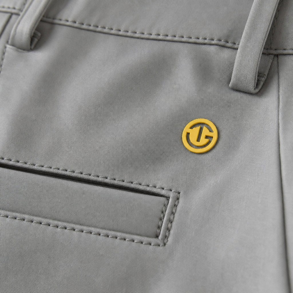 Close-up of a light gray fabric garment, likely a jacket or coat, showing a small circular yellow logo patch with a stylized 'G' on the chest.
