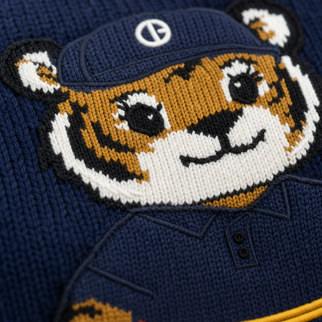 Navy blue polo shirt with a tiger face patch on a dark blue background