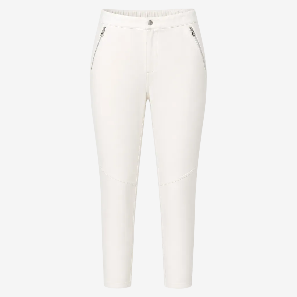 White cropped pants with zippered side pockets and a button closure, shown on a plain white background.