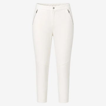 White cropped pants with zippered side pockets and a button closure, shown on a plain white background.