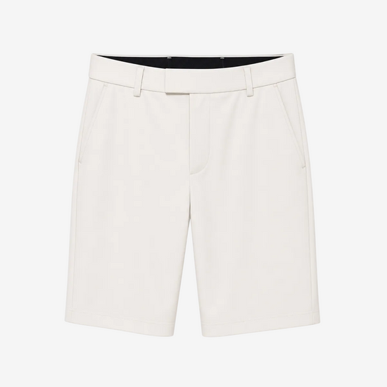 A pair of men's tailored shorts in a warm off-white or cream color, shown flat against a solid white background.