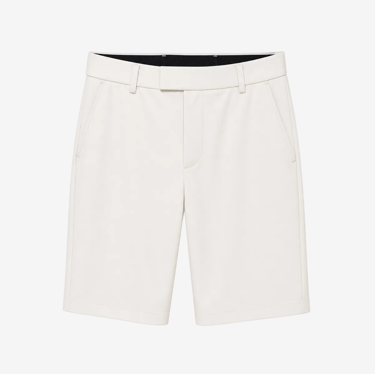 A pair of men's tailored shorts in a warm off-white or cream color, shown flat against a solid white background.