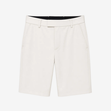 A pair of men's tailored shorts in a warm off-white or cream color, shown flat against a solid white background.
