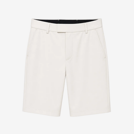 A pair of men's tailored shorts in a warm off-white or cream color, shown flat against a solid white background.