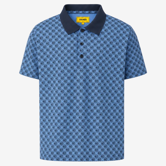 A blue short-sleeve polo shirt with a repeating circular geometric pattern and a solid dark navy collar, shown on a plain white background.