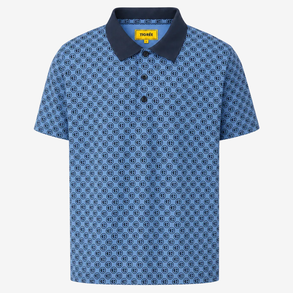A blue short-sleeve polo shirt with a repeating circular geometric pattern and a solid dark navy collar, shown on a plain white background.