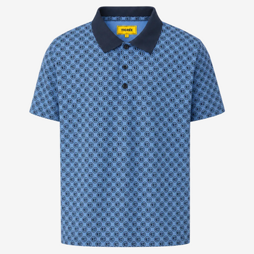 A blue short-sleeve polo shirt with a repeating circular geometric pattern and a solid dark navy collar, shown on a plain white background.