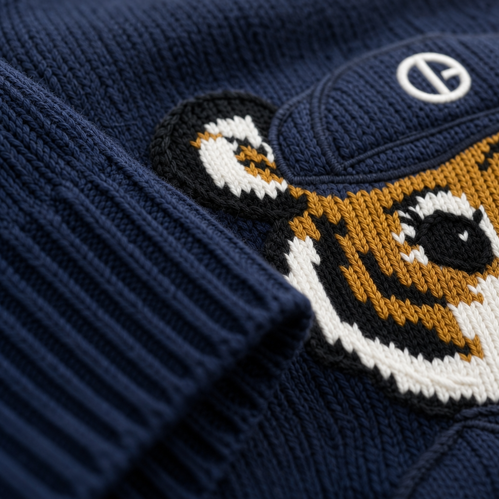 Navy blue sweater with a knitted tiger design and logo on the chest.