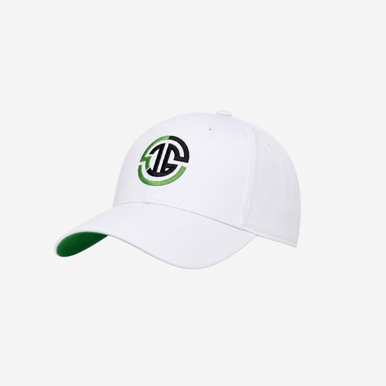 White cap with a logo on a white background
