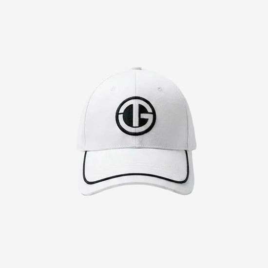 White cap with black logo on a white background