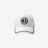 White cap with black logo on a white background