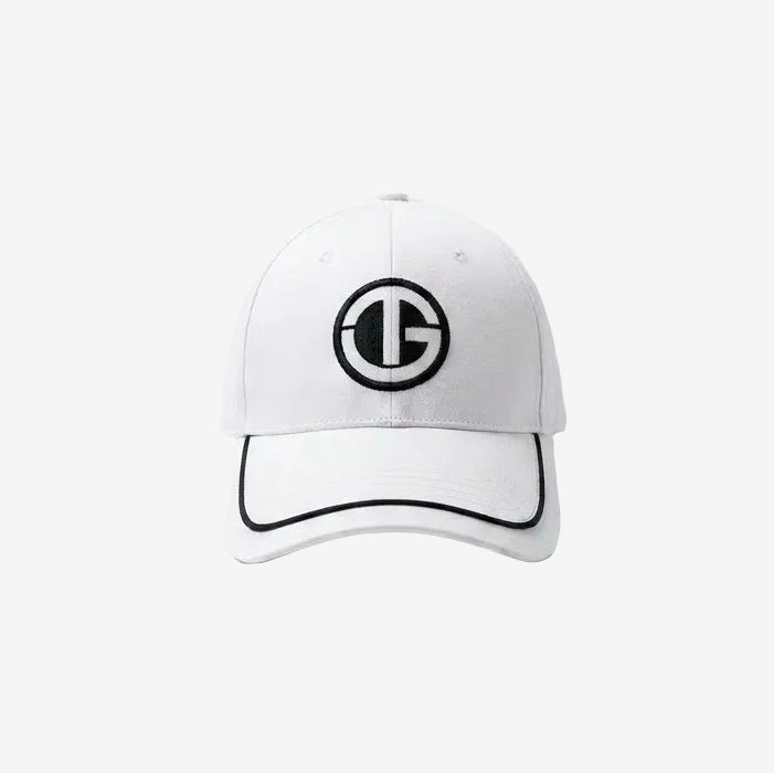 White cap with black logo on a white background