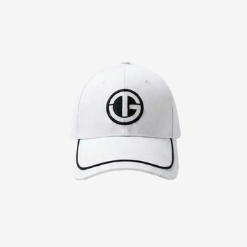 White cap with black logo on a white background