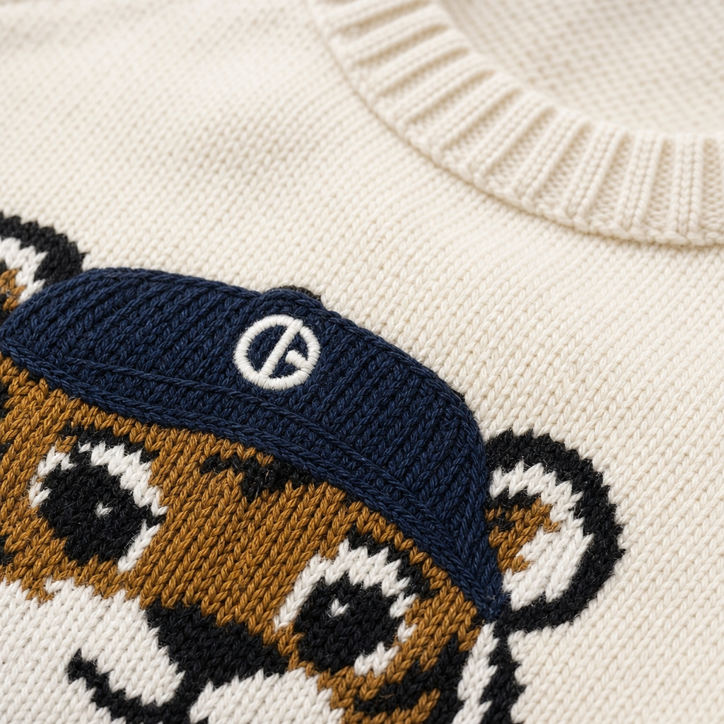 Close-up of a knitted sweater with a tiger design and a logo on a beige background