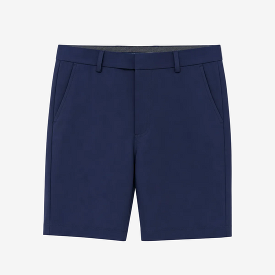 A pair of navy blue tailored shorts with belt loops and side pockets, shown flat against a plain white background.