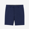 A pair of navy blue tailored shorts with belt loops and side pockets, shown flat against a plain white background.