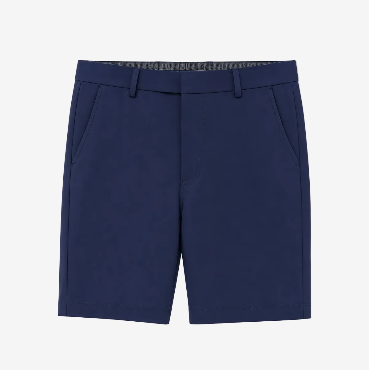 A pair of navy blue tailored shorts with belt loops and side pockets, shown flat against a plain white background.