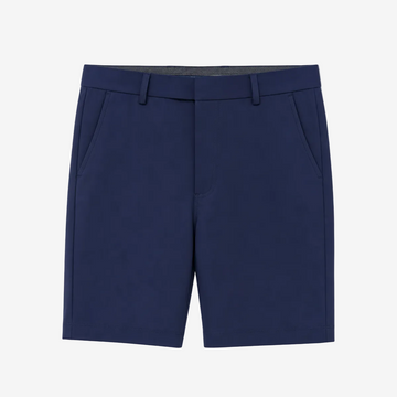 A pair of navy blue tailored shorts with belt loops and side pockets, shown flat against a plain white background.