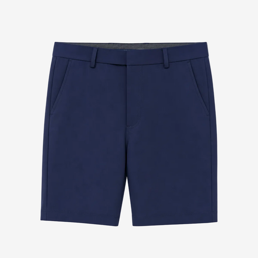 A pair of navy blue tailored shorts with belt loops and side pockets, shown flat against a plain white background.