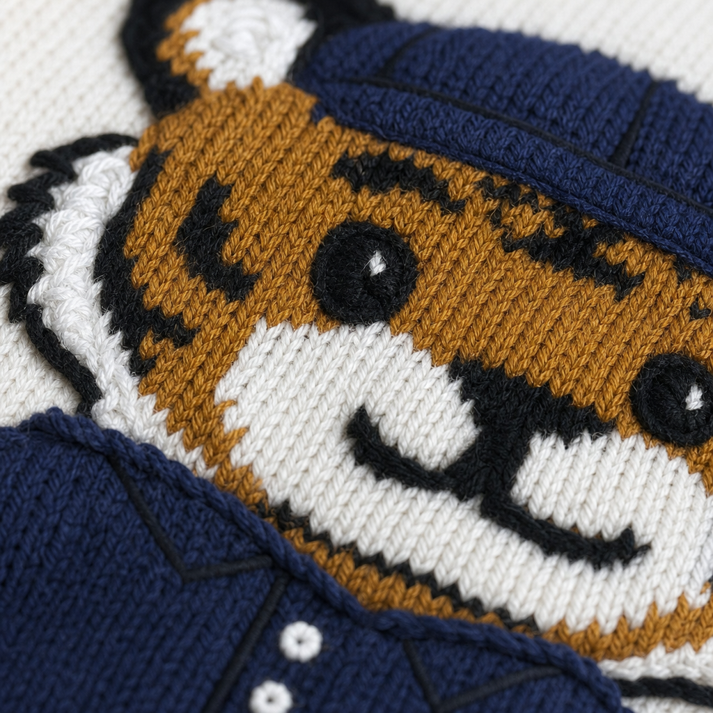 Close-up of a knitted tiger face patch or applique on a navy blue and white garment, showing the tiger's face, stripes, and a navy hat.