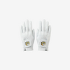Pair of white golf gloves with logos on a light gray background